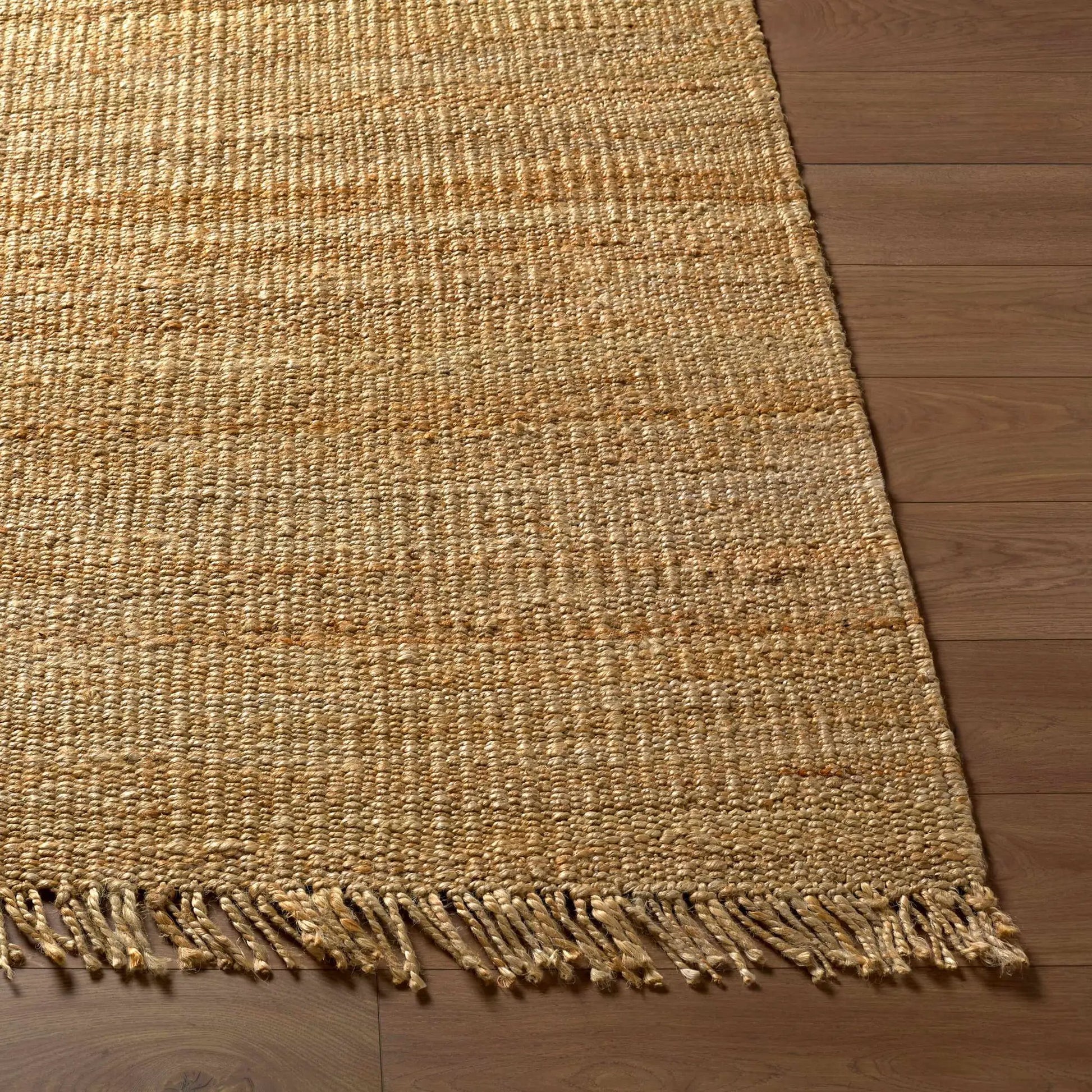 Oaks Perfect Flatweave Jute Rug by Boutique Rugs, natural tan jute with fringe edge on Tampa Home & Garden Store