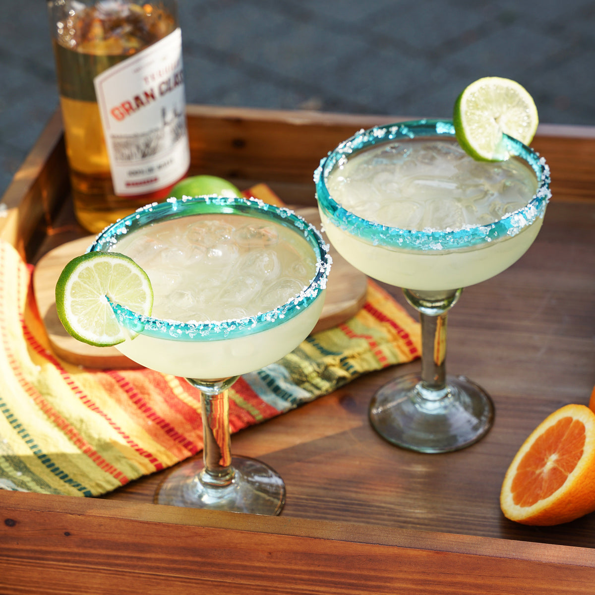 Segunda Vida Primavera Margarita Glasses set of three with turquoise salted rims and lime wedges on Tampa Home & Garden Store