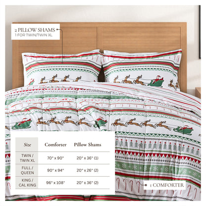 Reversible Christmas Comforter and Sham Set by Great Bay Home with reindeer print on bed on Tampa Home & Garden Store