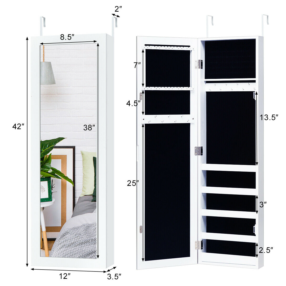 Gabinete para joyas tipo tocador con espejo de cuerpo entero, para montar en la puerta o en la pared