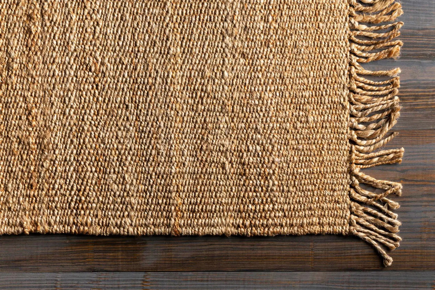 Oaks Perfect Flatweave Jute Rug in natural tan with fringe along edge on Tampa Home & Garden Store
