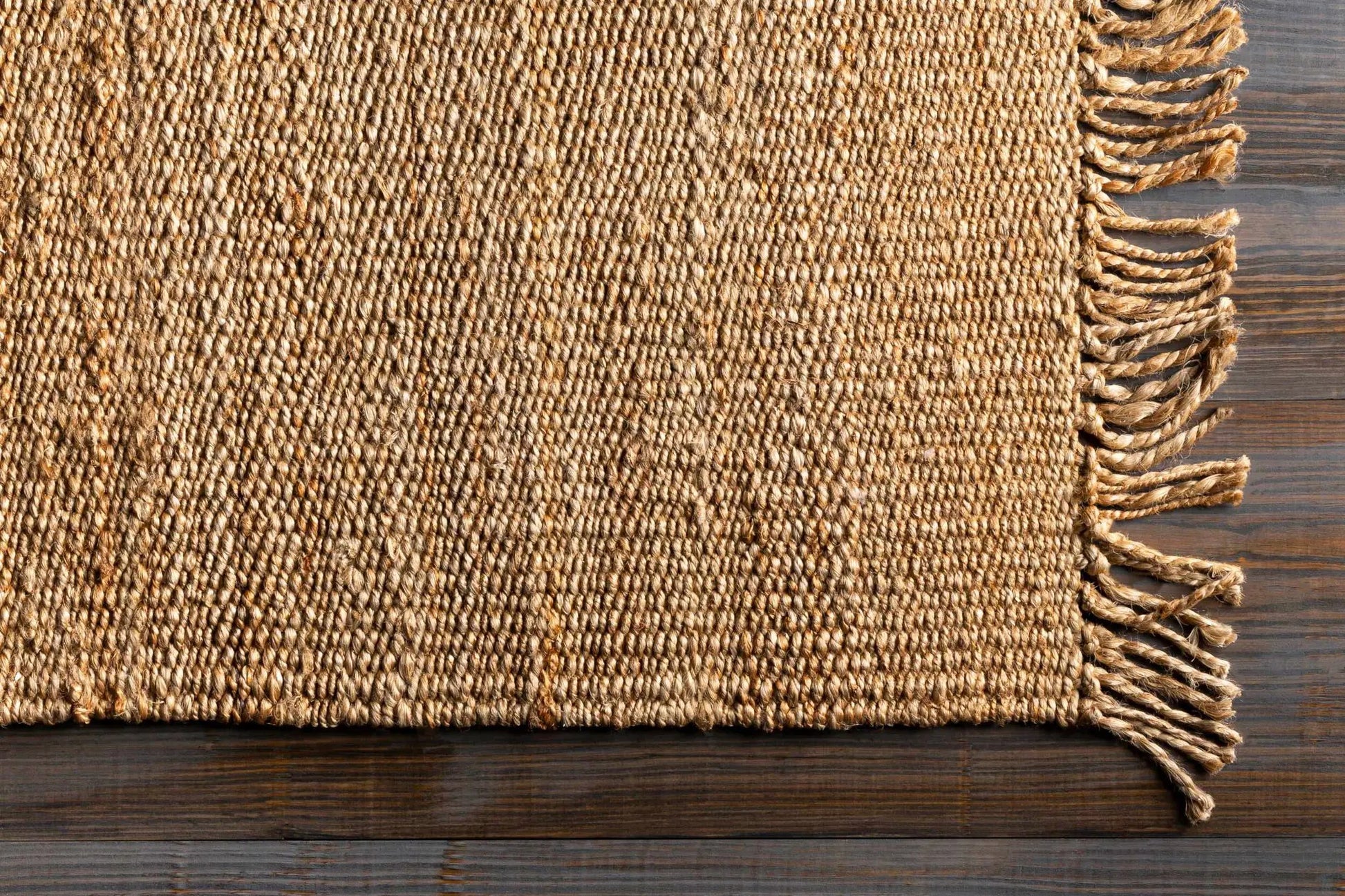 Oaks Perfect Flatweave Jute Rug in natural tan with fringe along edge on Tampa Home & Garden Store