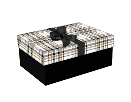 Ready to Gift Luxury Gift Box with Ribbon in white gray tan plaid pattern, black ribbon on Tampa Home & Garden Store