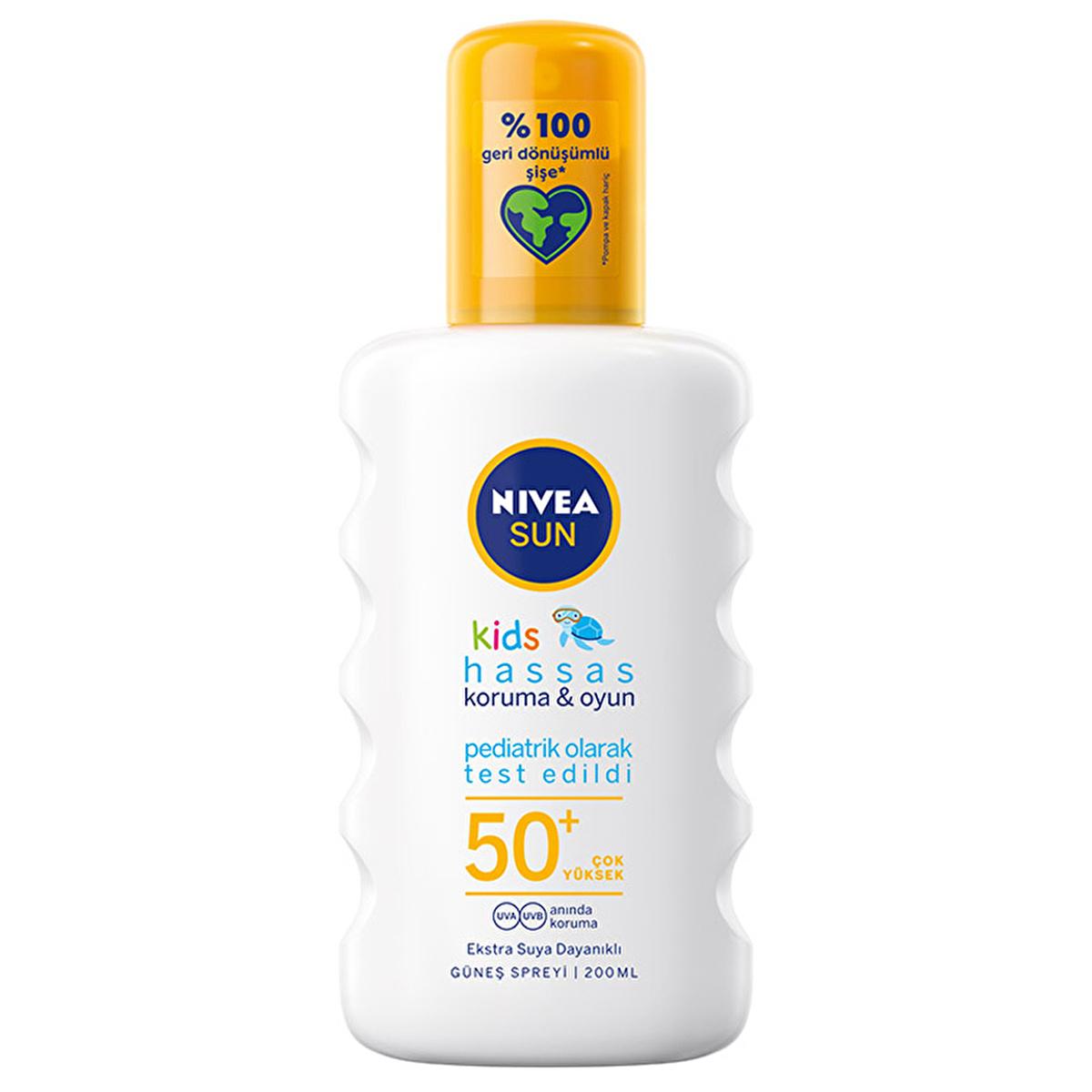 NIVEA SUN Kids sunscreen spray SPF 50+, white bottle, 200 ml, yellow cap on Tampa Home & Garden Store