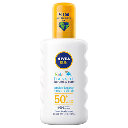 NIVEA SUN Kids sunscreen spray SPF 50+, white bottle, 200 ml, yellow cap on Tampa Home & Garden Store