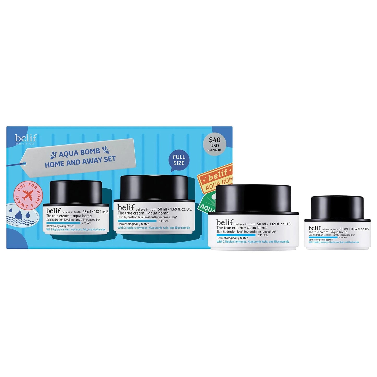 Belif Aqua Bomb face cream set with four white jars in a blue striped gift box on Tampa Home & Garden Store