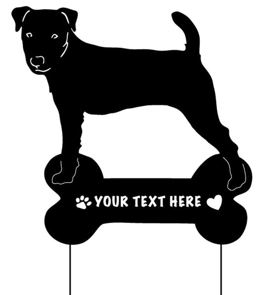 Jack Russell Terrier garden stake with bone base and YOUR TEXT HERE paw print and heart icons on Tampa Home & Garden Store