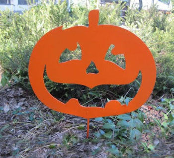 Orange jack-o'-lantern garden stake, outdoor Halloween decor by Rustica Ornamentals on Tampa Home & Garden Store