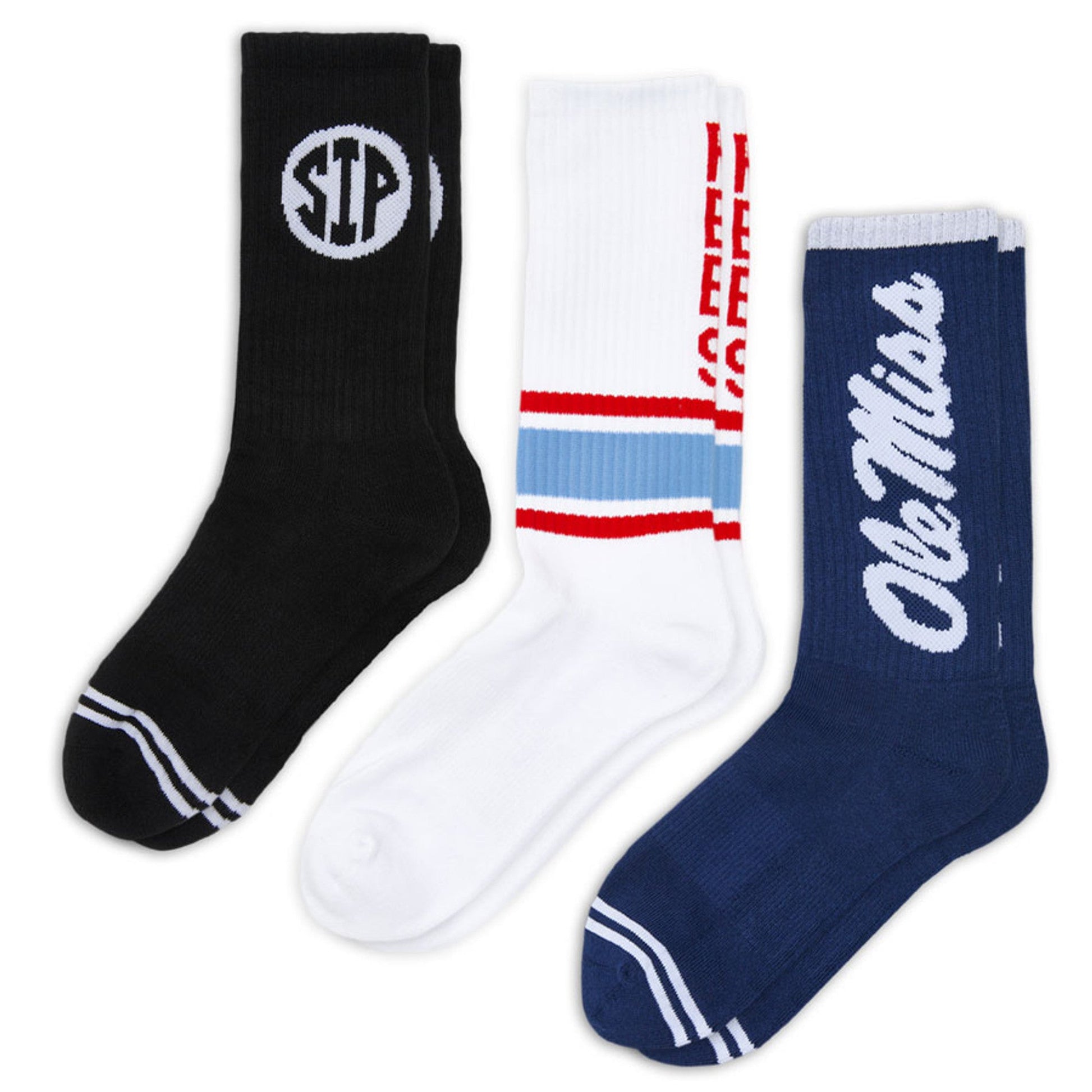DeadSoxy Jackson Casual Crew 3-Pack socks; black, white with red/blue stripes, navy with script on Tampa Home & Garden Store