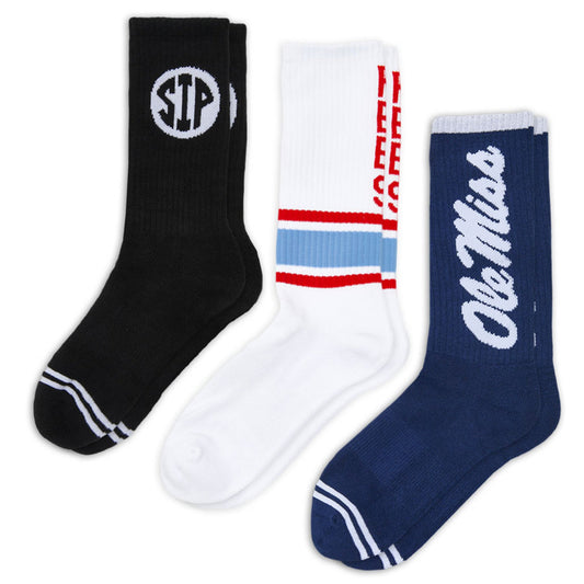 DeadSoxy Jackson Casual Crew 3-Pack socks; black, white with red/blue stripes, navy with script on Tampa Home & Garden Store