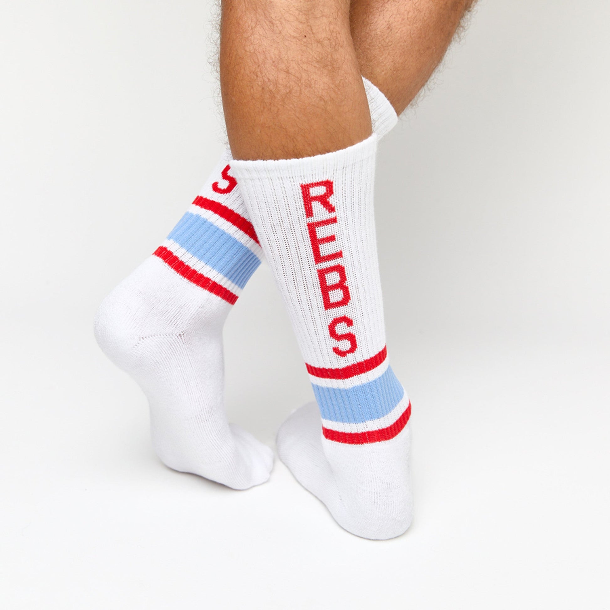 DeadSoxy Jackson Casual Crew socks, white with red lettering and blue cuff, 3-pack on Tampa Home & Garden Store