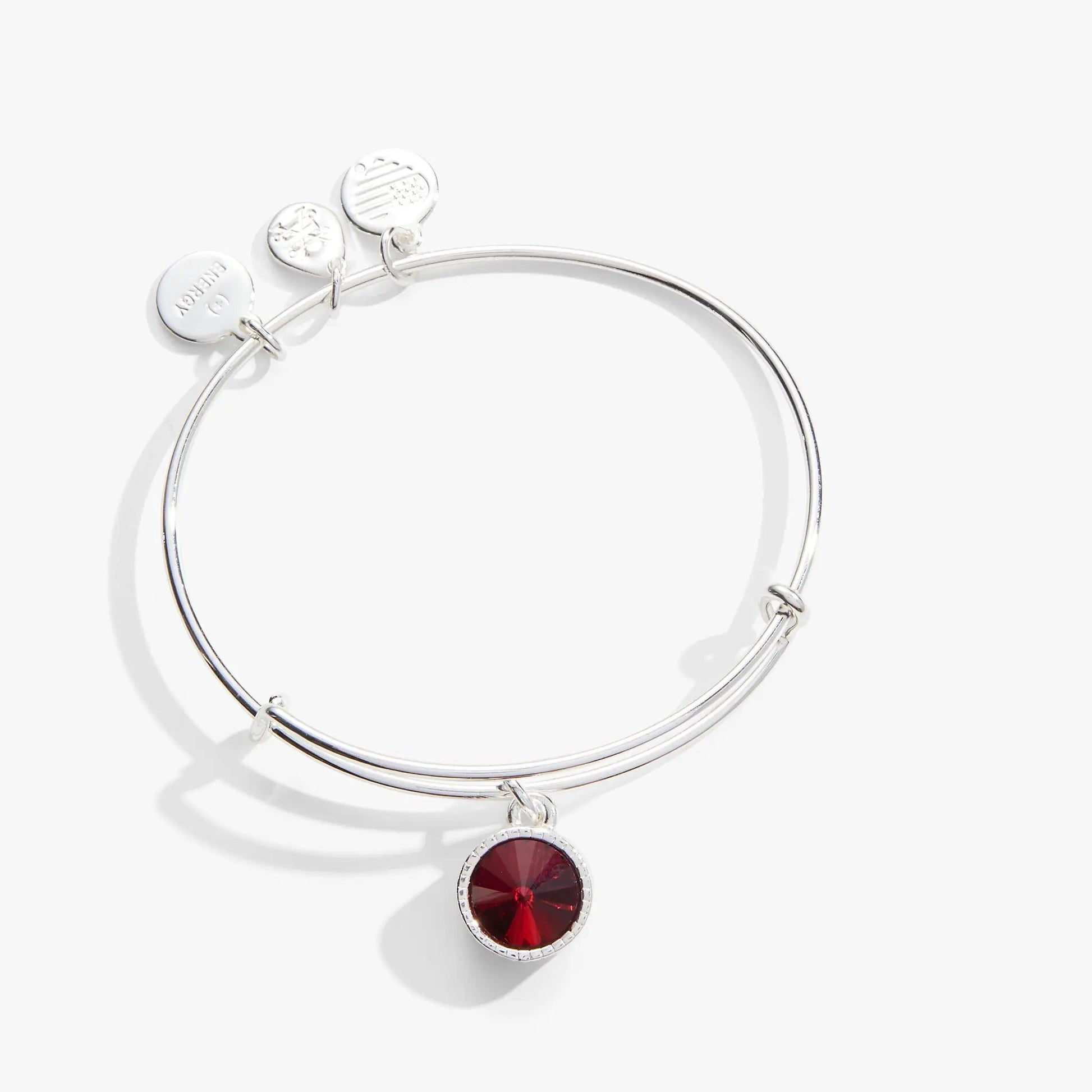 Alex and Ani January Birthstone Charm Bangle, scarlet red gemstone with engraved silver discs on Tampa Home & Garden Store