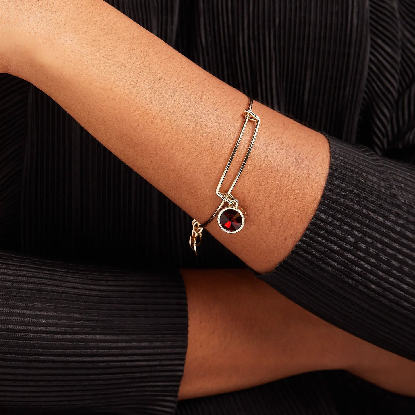 Bracelet January Birthstone Charm Bangle Scarlet with red stone, gold-tone links on Tampa Home & Garden Store