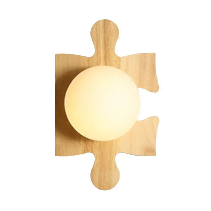 Wooden Puzzle Wall Light by Decorbites with natural wood finish and frosted globe bulb on Tampa Home & Garden Store
