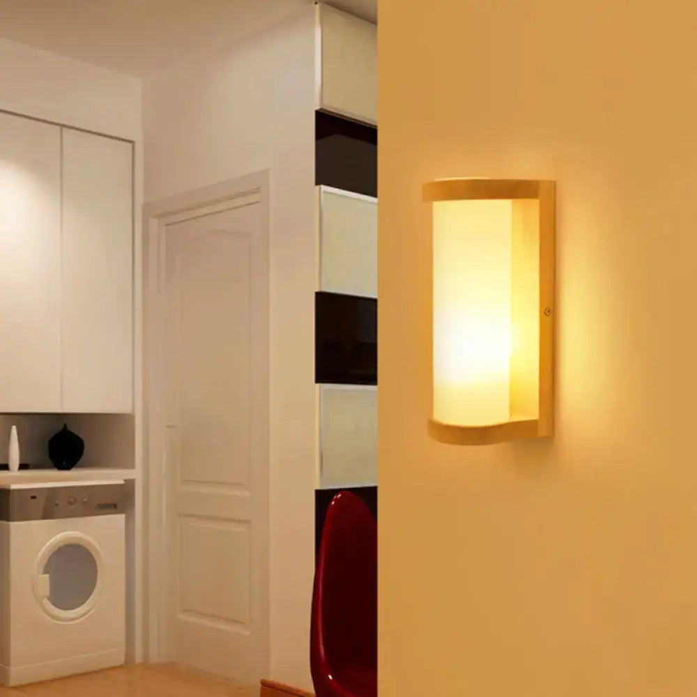 Wood Glass Japanese Compact Wall Sconce by Decorbites with warm amber glow on Tampa Home & Garden Store