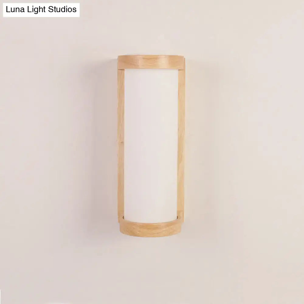 Wood Glass Japanese Compact Wall Sconce with natural wood frame and white cylindrical shade on Tampa Home & Garden Store