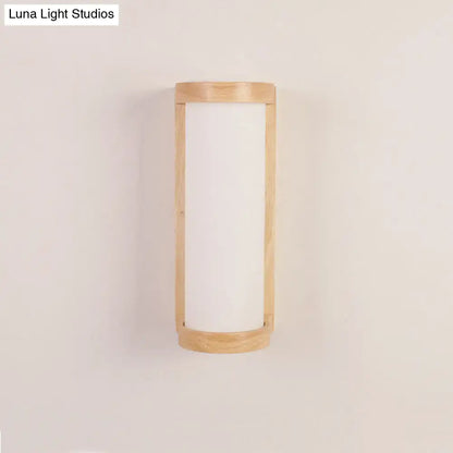Wood Glass Japanese Compact Wall Sconce with natural wood frame and white cylindrical shade on Tampa Home & Garden Store