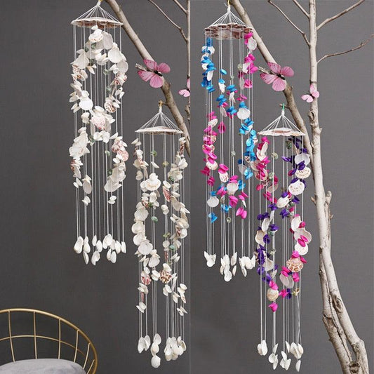 Stevvex wind chimes three shell hanging ornaments for outdoor garden decor white cream blue pink on Tampa Home & Garden Store