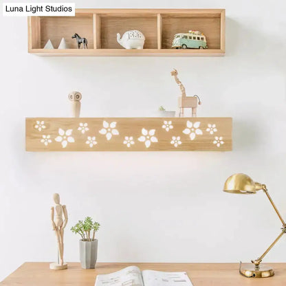 Japanese Floral Wood Wall Lamp with Shelf Sconce