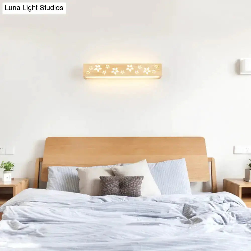 Japanese Floral Wood Wall Lamp with Shelf Sconce