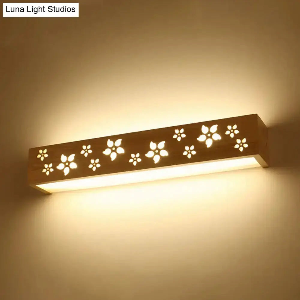 Japanese Floral Wood Wall Lamp with Shelf Sconce