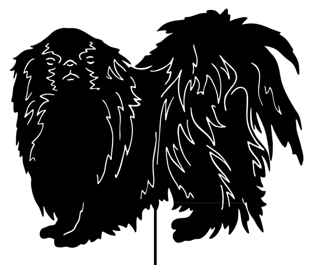 Japanese Chin garden stake silhouette in black with long shaggy fur on Tampa Home & Garden Store