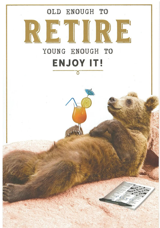 Old Enough to Retire greeting card with bears on a sandy beach and a cocktail on Tampa Home & Garden Store