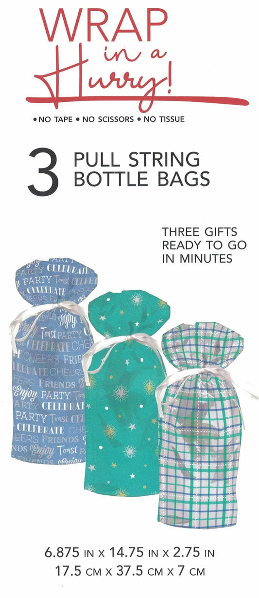 Pull String Bottle Gift Bags 3 Pack by The Country Christmas Loft blue teal starry plaid designs on Tampa Home & Garden Store