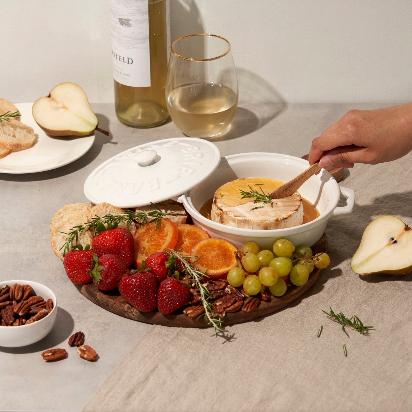 Ceramic Brie Baker and Acacia Wood Spreader Set
