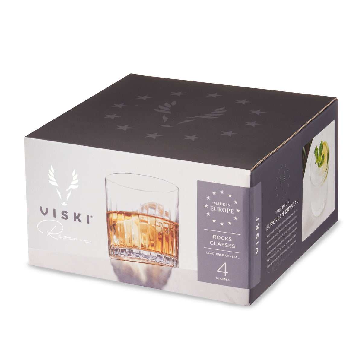 Viski Reserve Milo crystal rocks glasses set of 4 stemless cocktail glasses in a branded box on Tampa Home & Garden Store