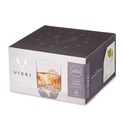 Viski Reserve Milo crystal rocks glasses set of 4 stemless cocktail glasses in a branded box on Tampa Home & Garden Store