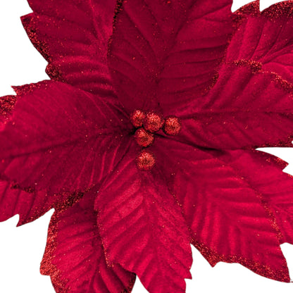 Artificial red poinsettia pick with glittery petals for Christmas floral display on Tampa Home & Garden Store