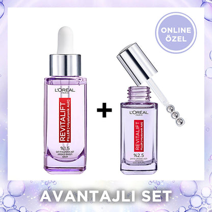 Face serum set L'Oreal Revitalift Hyaluronic Acid duo: two purple glass bottles with droppers on Tampa Home & Garden Store