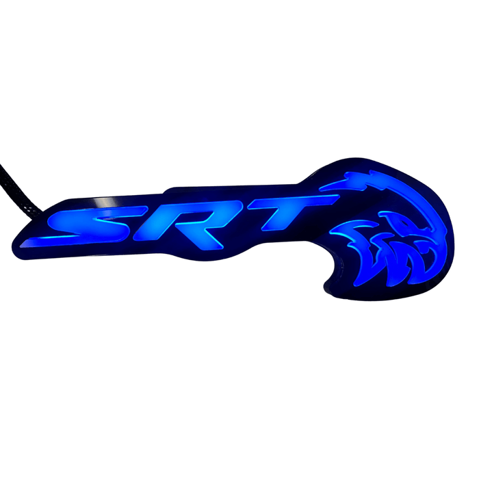LED grill emblem for Jeep Trackhawk RGBW Flow in blue with SRT lettering and RAM head on Tampa Home & Garden Store