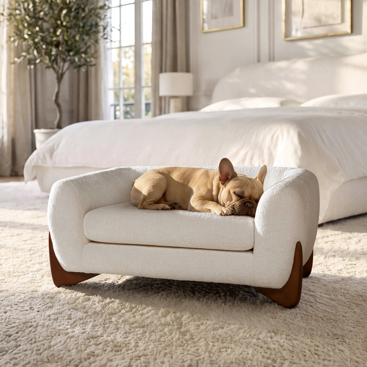 Almond sherpa dog sofa bed by HouseOfZazla with cushioned support, 2 dogs nap on plush bed on Tampa Home & Garden Store