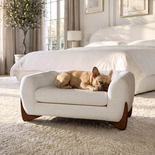 Almond sherpa dog sofa bed by HouseOfZazla with cushioned support, 2 dogs nap on plush bed on Tampa Home & Garden Store