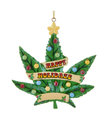 Adorno de hoja de cannabis "Happy Holidayze"