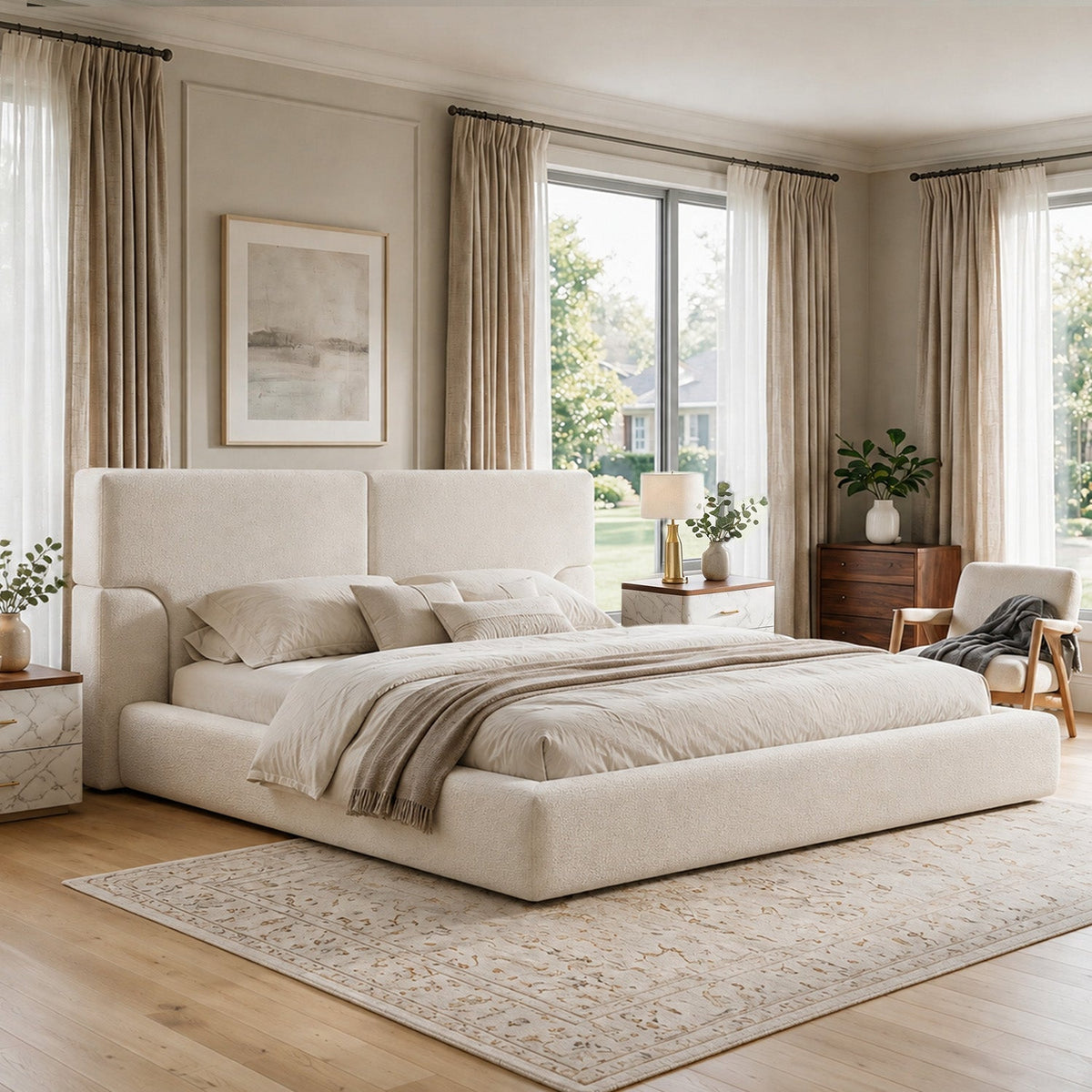 King platform bed frame with padded cream headboard and iron foundation HouseOfZazla on Tampa Home & Garden Store