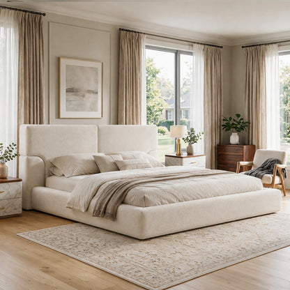King platform bed frame with padded cream headboard and iron foundation HouseOfZazla on Tampa Home & Garden Store