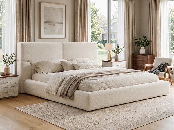 King platform bed frame with padded beige fabric headboard beige upholstered frame on Tampa Home & Garden Store