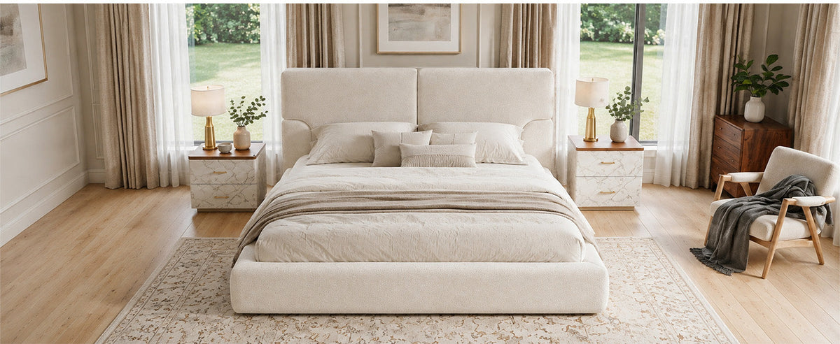 King platform bed frame with padded beige headboard and two marble-pattern nightstands on Tampa Home & Garden Store