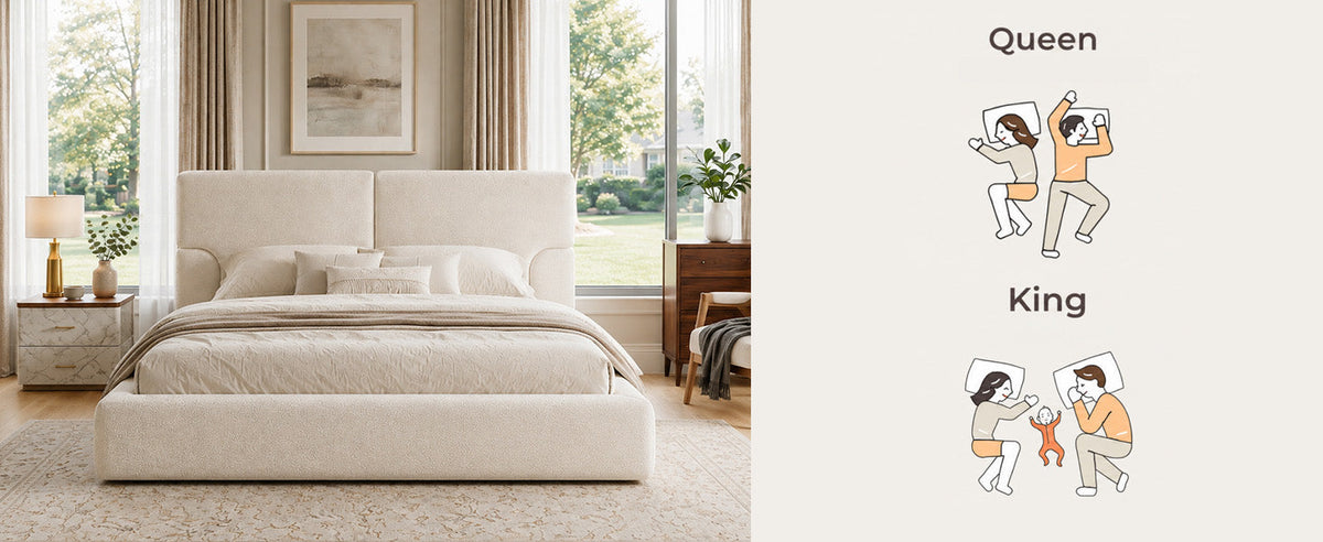 King platform bed frame with beige padded textured fabric headboard on Tampa Home & Garden Store