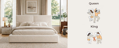 King platform bed frame with beige padded textured fabric headboard on Tampa Home & Garden Store