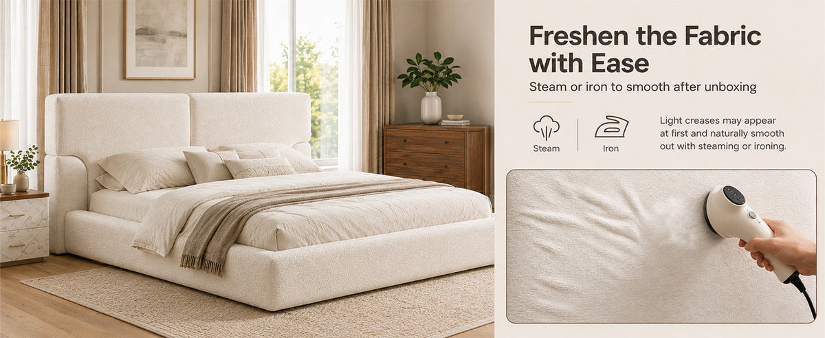 King platform bed frame with padded cream textured headboard and iron foundation fabric steamer on Tampa Home & Garden Store