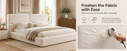King platform bed frame with padded cream textured headboard and iron foundation fabric steamer on Tampa Home & Garden Store