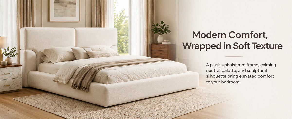 King Platform Bed Frame with padded beige textured fabric headboard, HouseOfZazla, king size on Tampa Home & Garden Store