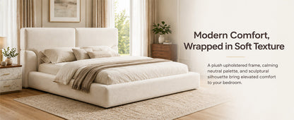 King Platform Bed Frame with padded beige textured fabric headboard, HouseOfZazla, king size on Tampa Home & Garden Store
