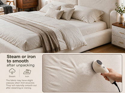King platform bed frame with padded beige fabric headboard by HouseOfZazla on Tampa Home & Garden Store