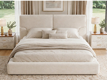 King platform bed frame with padded beige fabric headboard and two nightstands on Tampa Home & Garden Store