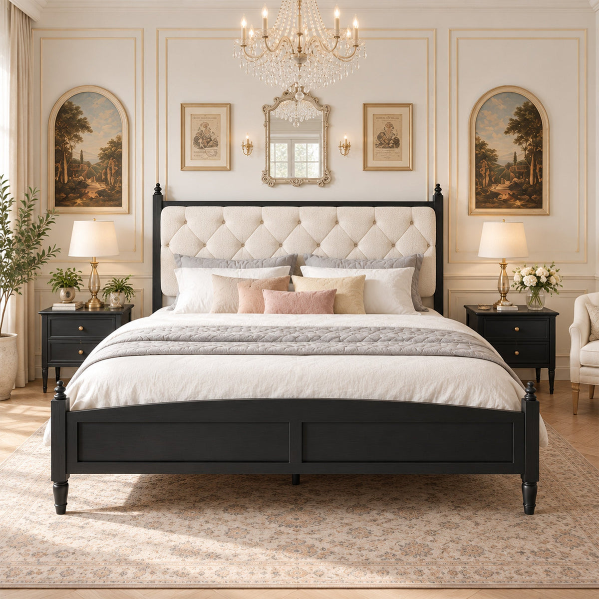 King size upholstered platform bed with beige padded headboard and black frame by HouseOfZazla on Tampa Home & Garden Store